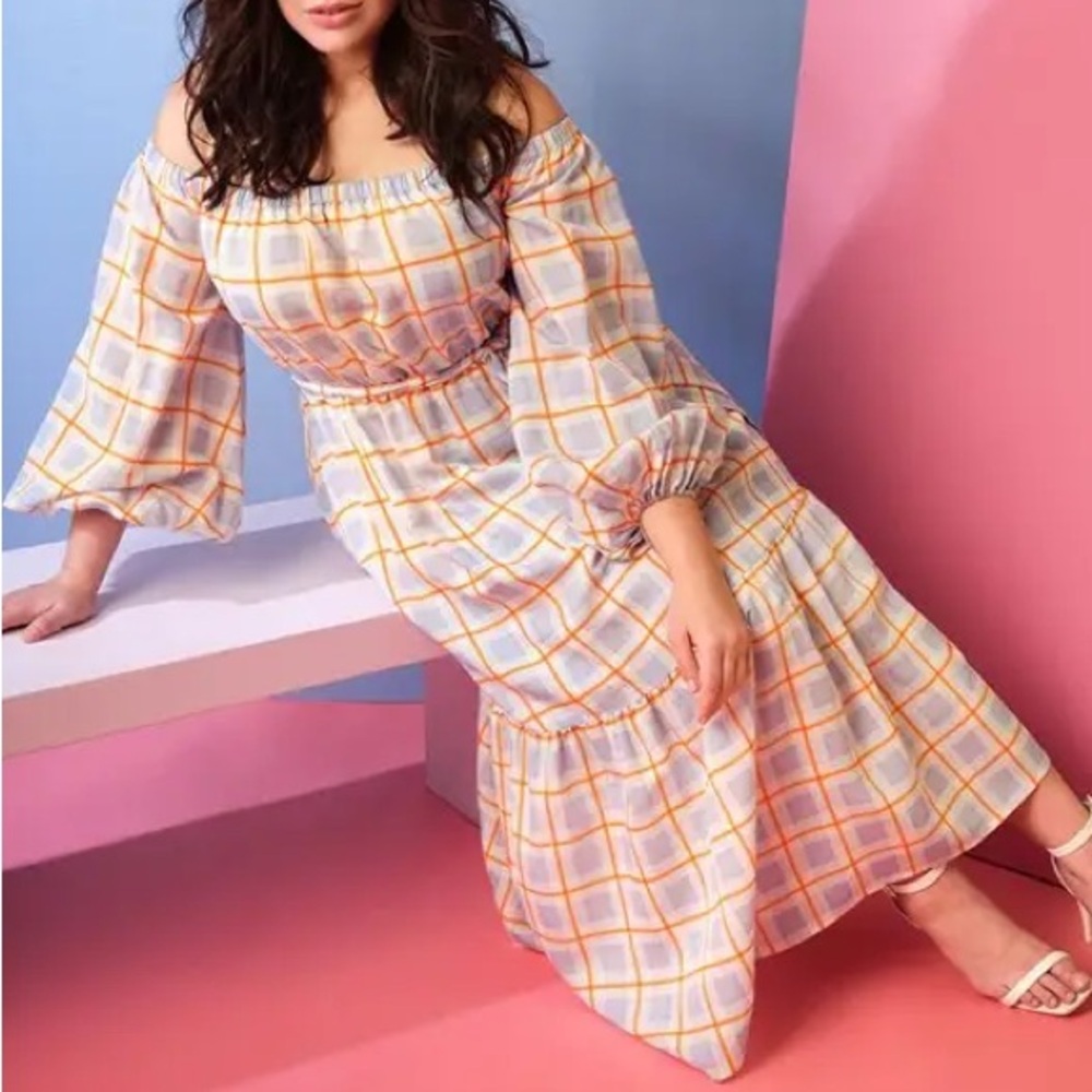 PLUS Eloquii Blue & Orange Windowpane Plaid Belted Flowy Midi Dress Size 14